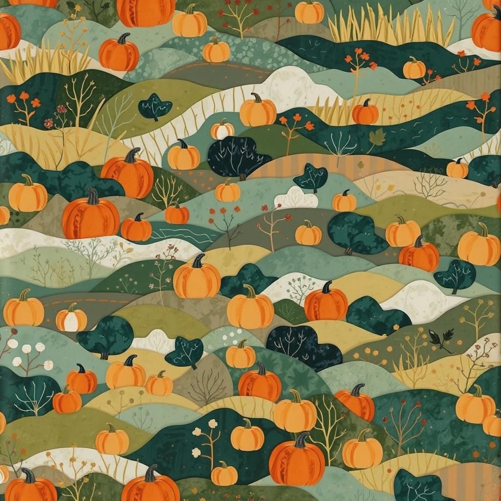 Rustic Autumnal Pumpkin Patch in Naive Impressionist Style