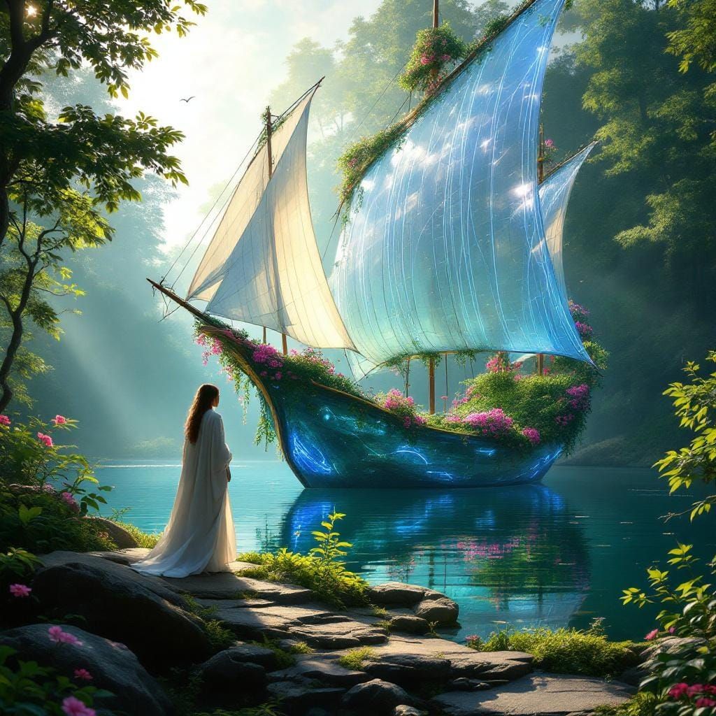 Fantastical Transparent Ship on Lake, Digital Painting