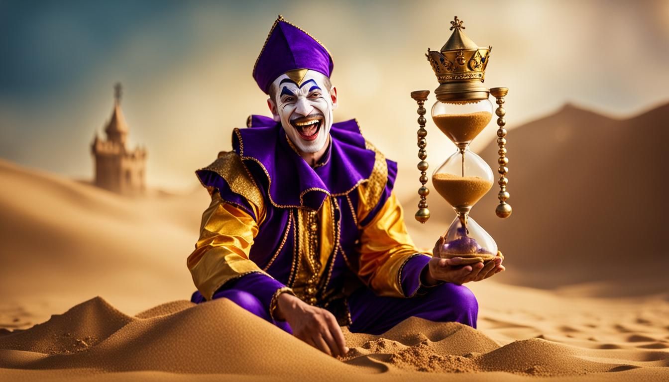 Laughing Jester Holding Golden Hourglass
