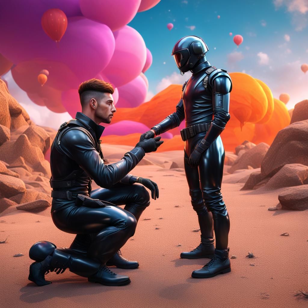 Gay Couple's Latex Catsuit Proposal: Fantasy Concept Art