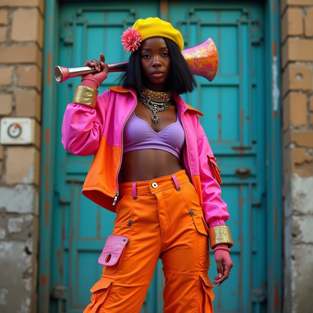 stylish young black woman stands confidently in an urban setting, wearing a vibrant, futuristic streetwear outfit.