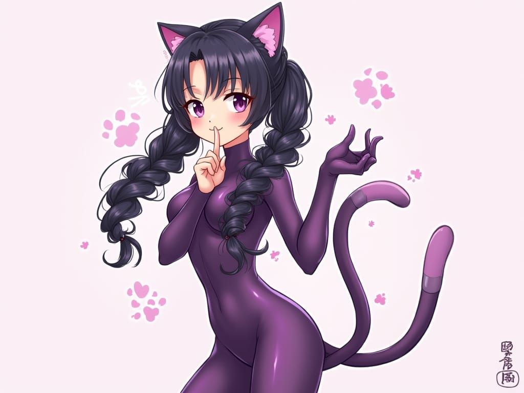 Kawaii Catgirl in Vibrant Purple Latex Suit
