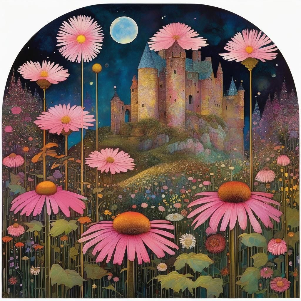 Surreal Pink Hour Scene in Golden Cubist Composition