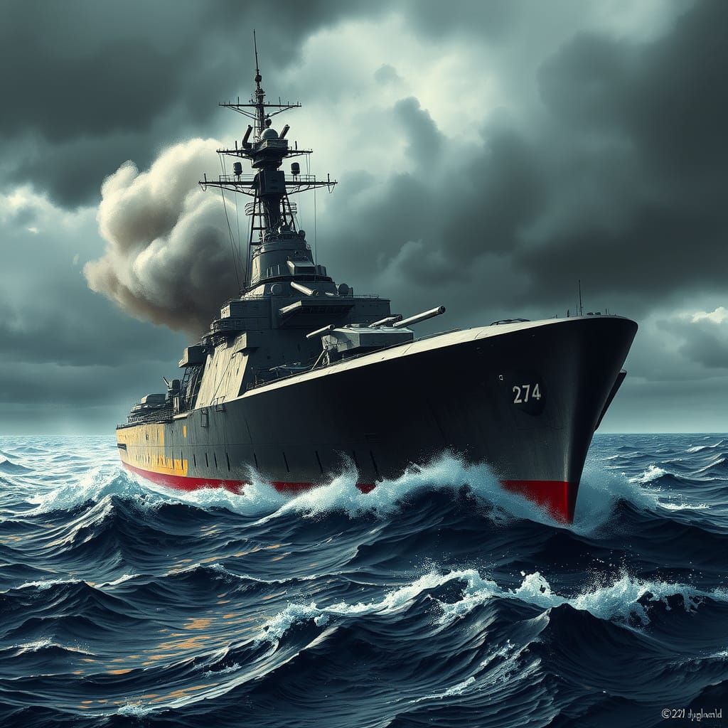 Sleek Warship Battles Stormy Seas in Industrial Futurist Sty...