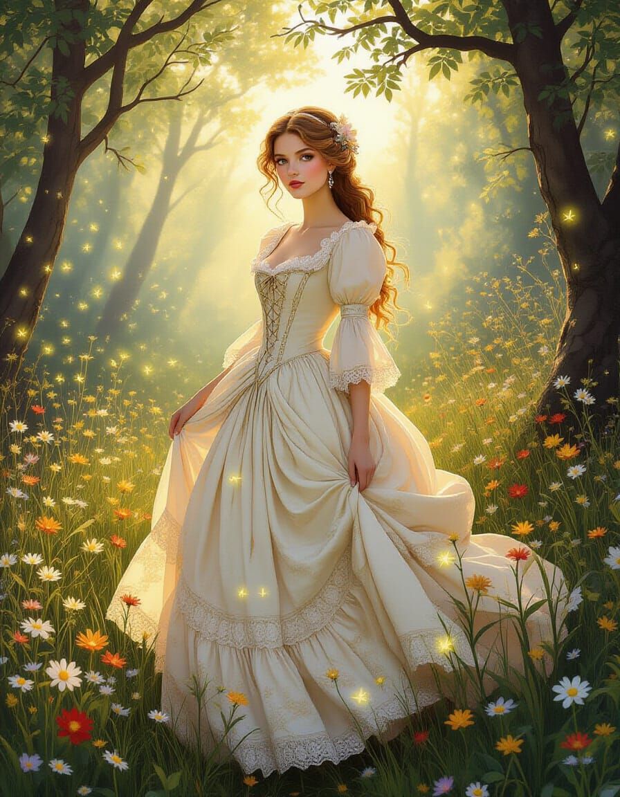 Mystical Forest Scene with Woman in Lacy Gown