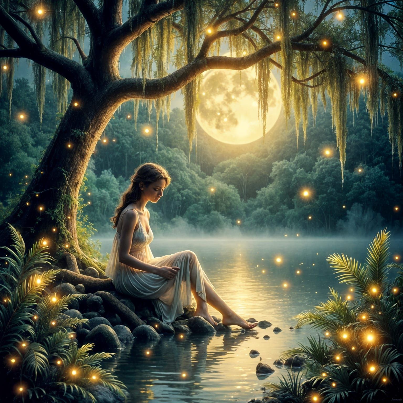 Moonlit Bayou Summerscape in Watercolor Style