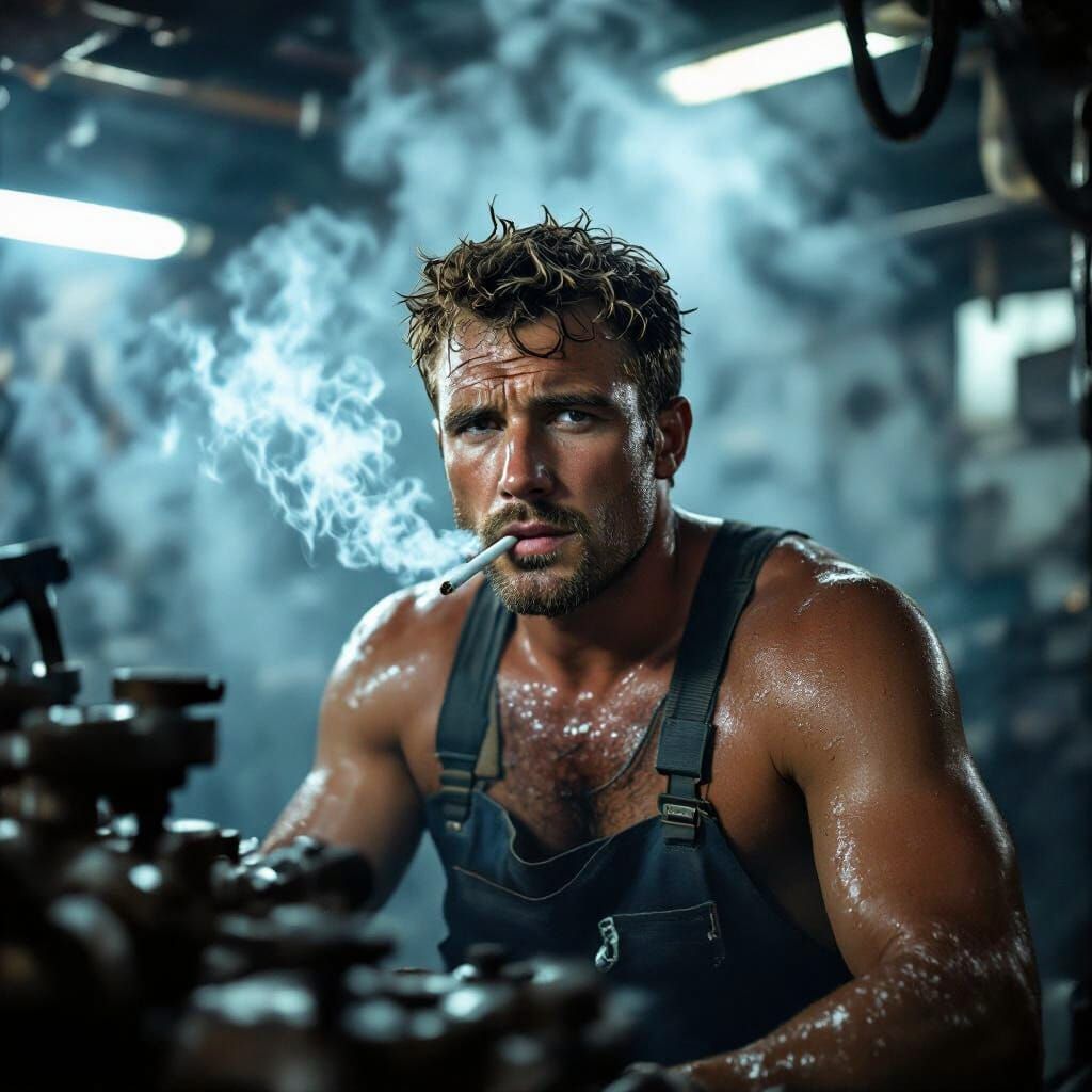 Greasy Naval Engineer Smoking in Cinematic Style