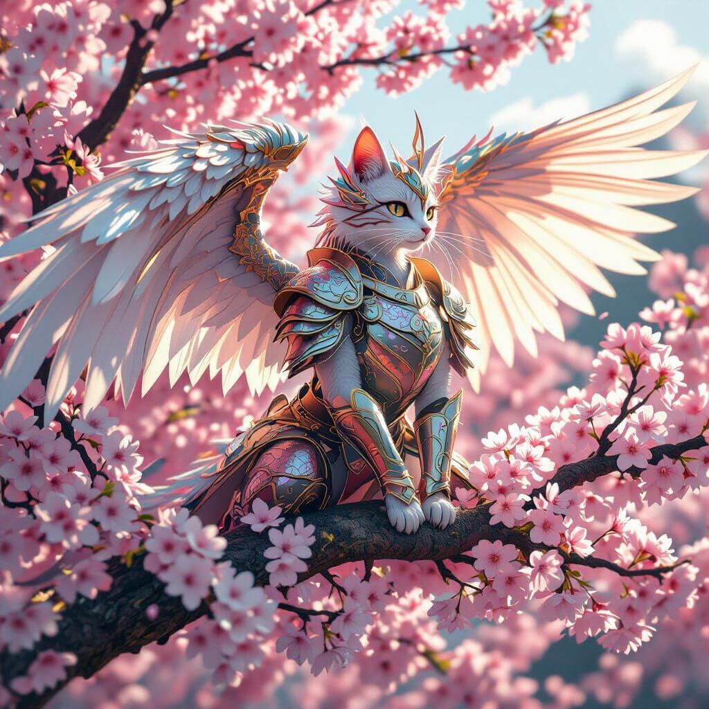 Dragon-Cat Warrior Perched on Cherry Blossom Tree