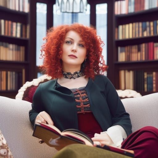 Gothic Bay Window Scene with Redhead Woman