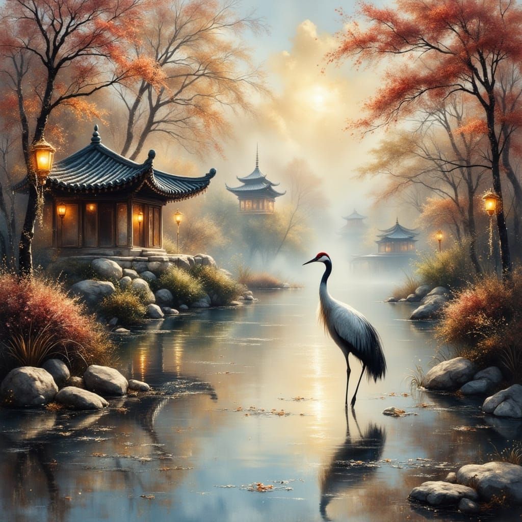 Crane in Temple Pond with Asian Lanterns