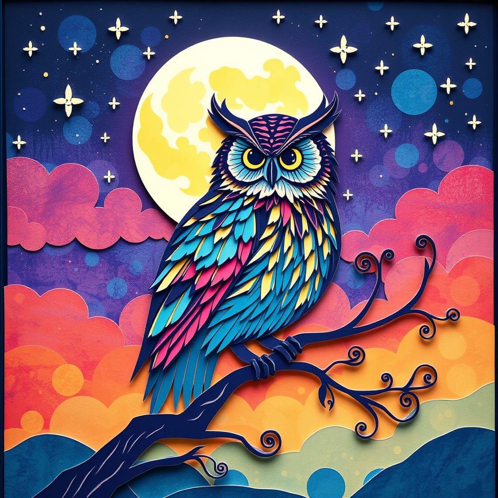 Whimsical Paper Cut Owl Under Starry Night Sky