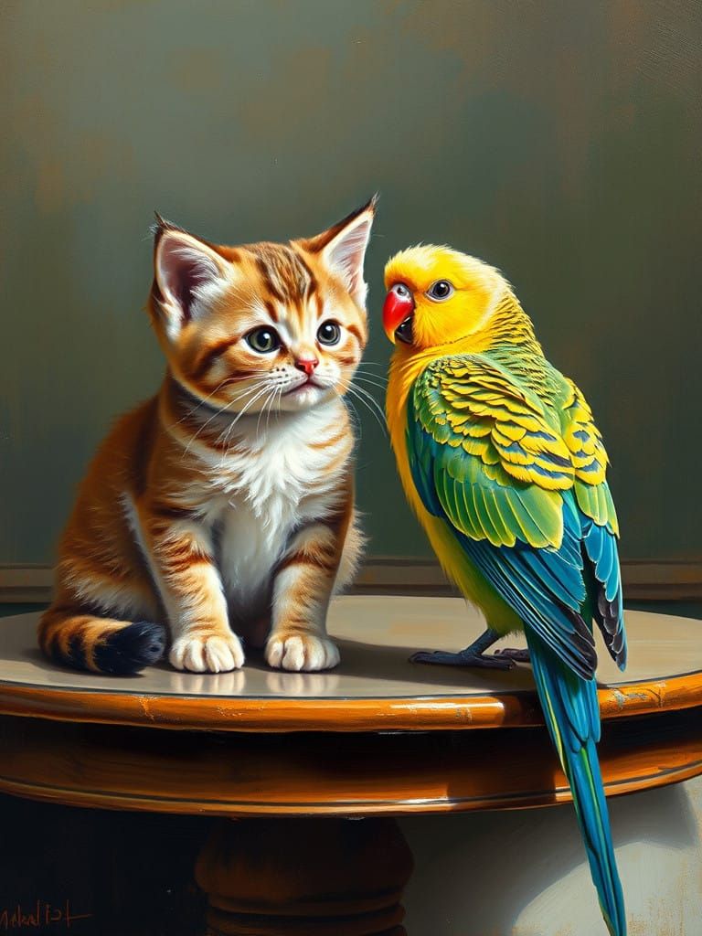 Kitten and budgie
