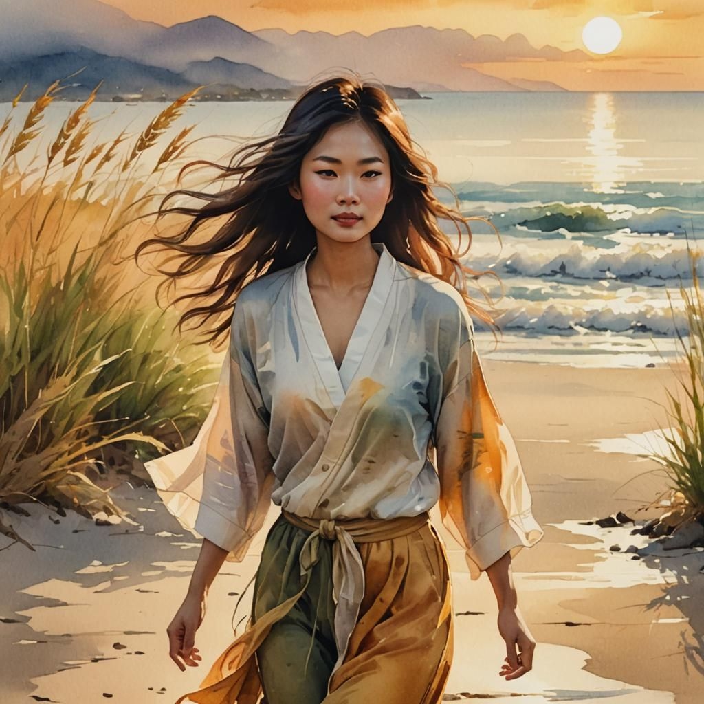 Asian Woman on Beach at Sunset: Watercolor Art