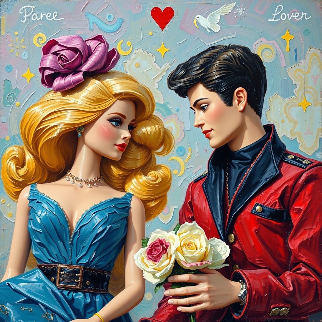 Barbie and Ken as the Lovers in Vibrant Neo-Expressionist Oi...