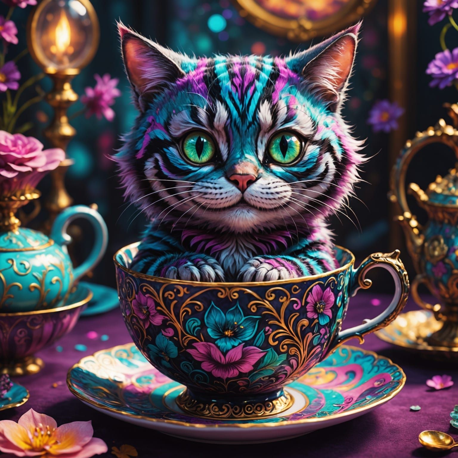 Psychedelic Cheshire Cat in Teacup, Detailed Lineart