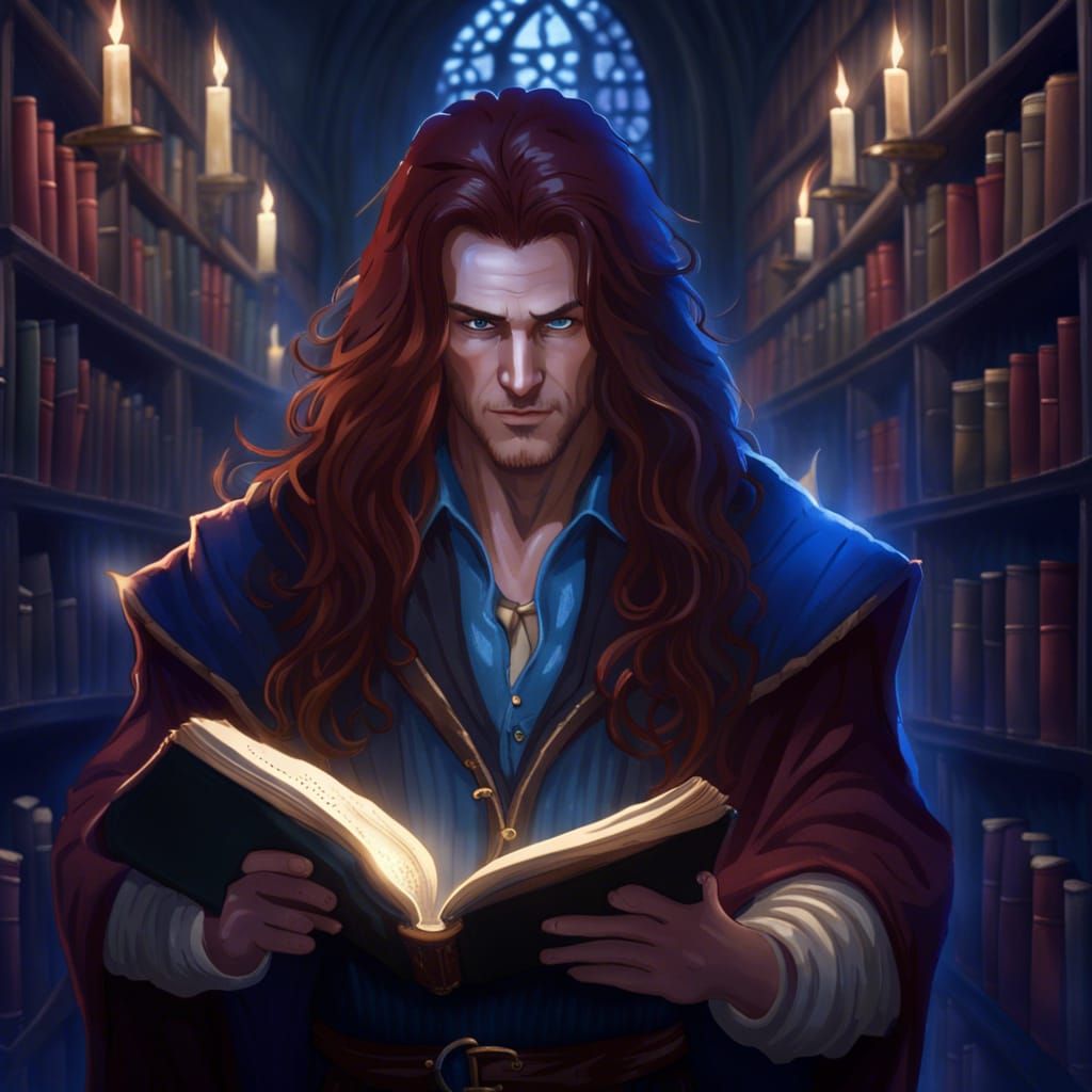 Redhead Wizard Reads Spell Book at Night