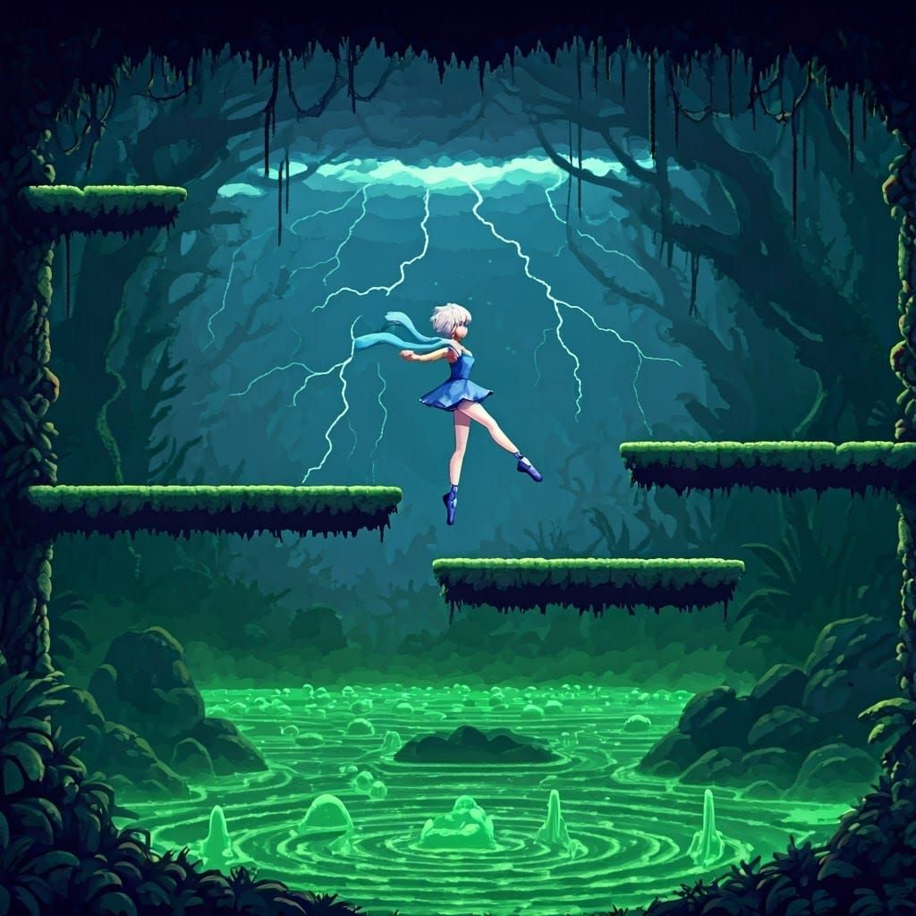Princess Leaps Through Dark Jungle in Nostalgic Pixel Art