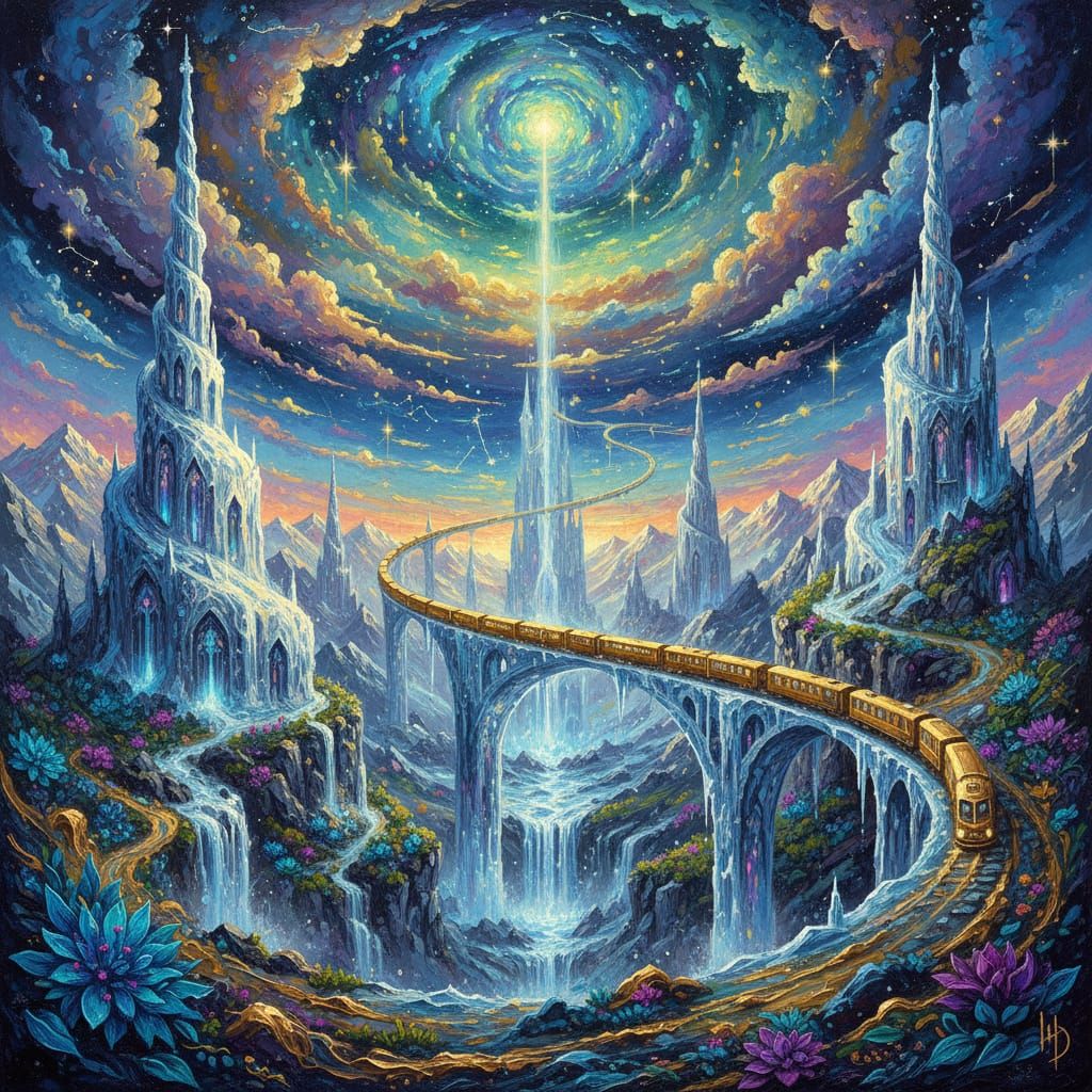 Ice Spires and Cosmic Waterfalls in a Dreamlike Alps Landsca...