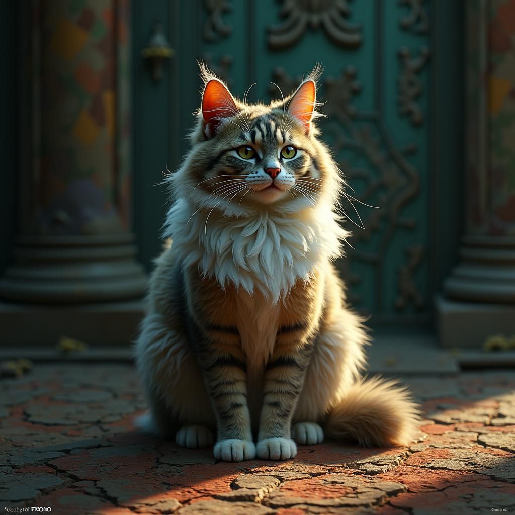 Renaissance Cat Waits for Food in Fantasy Setting