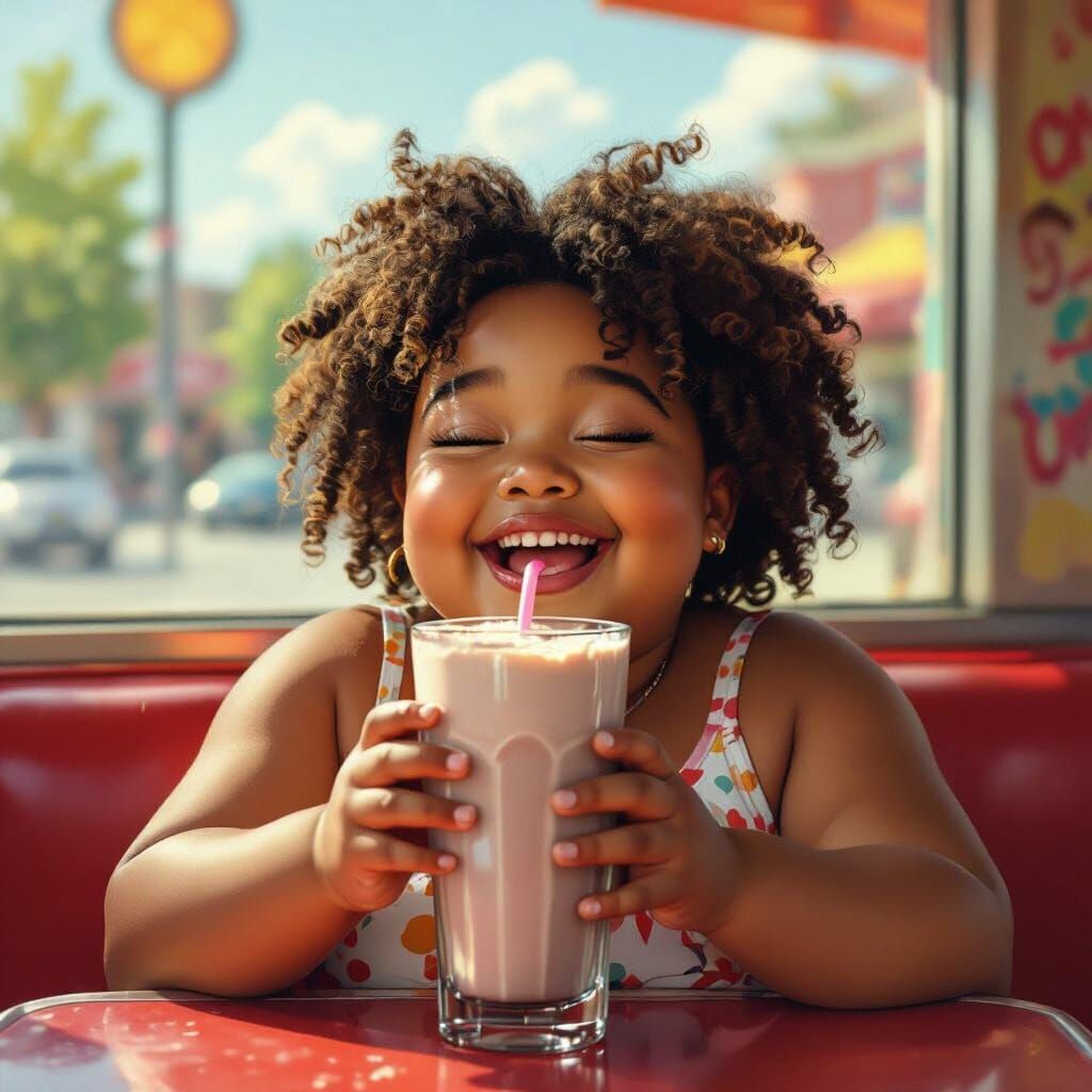 Joyful Girl Drinks Chocolate Milk at Diner