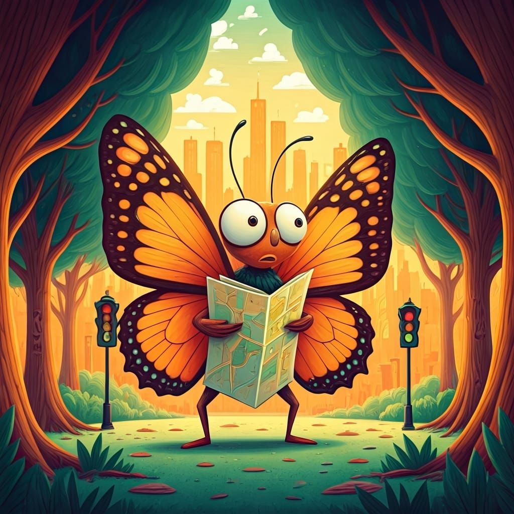 Bewildered Butterfly in Dreamlike Cityscape