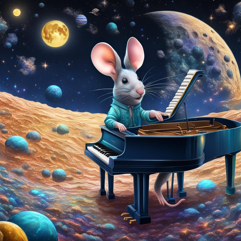 Mouse Plays Piano on Moon in Astral Illustration