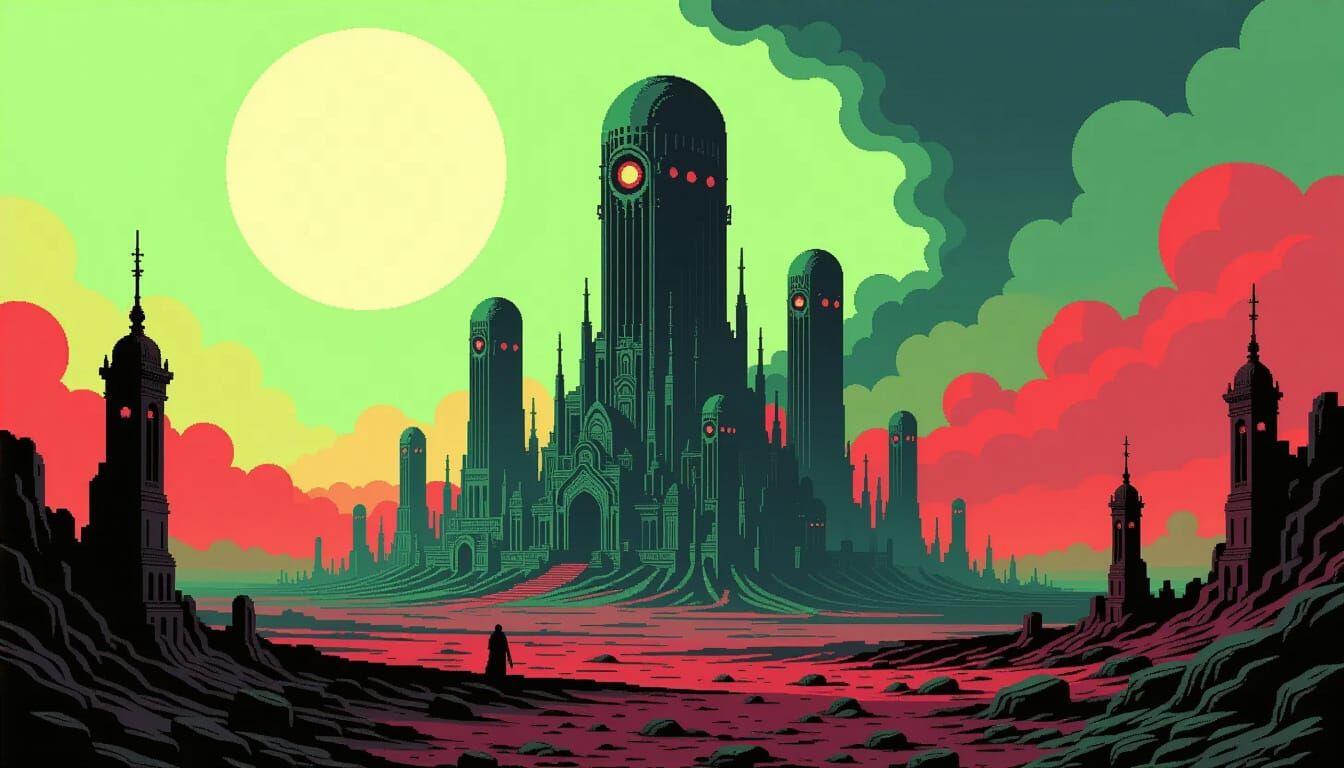 Dystopian Surrealist Landscape in 8bit Pixel Art Style