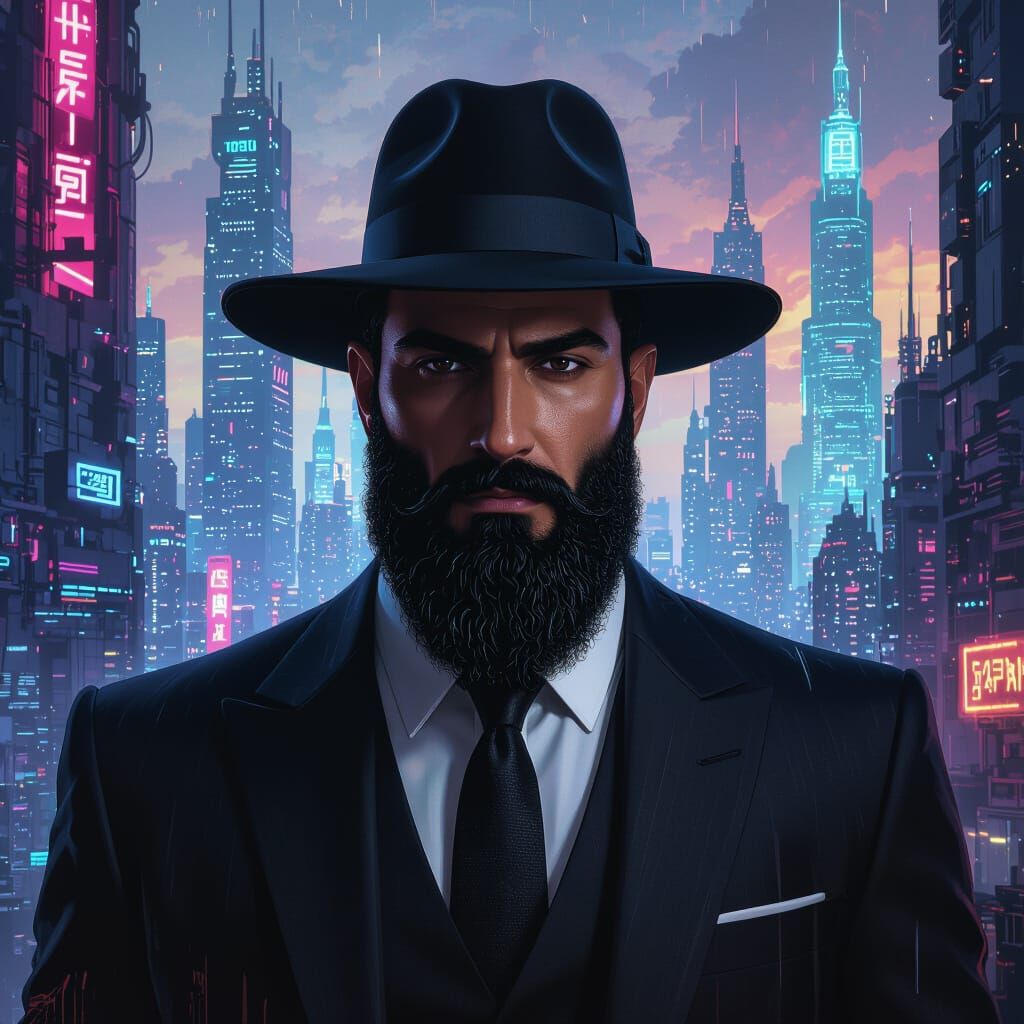 Cyberpunk Middle Eastern Man in Futuristic Cityscape