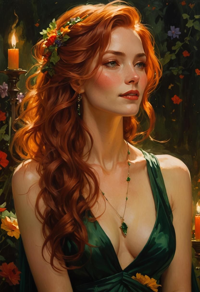 Enchantress in Emerald, Whimsical Oil Painting