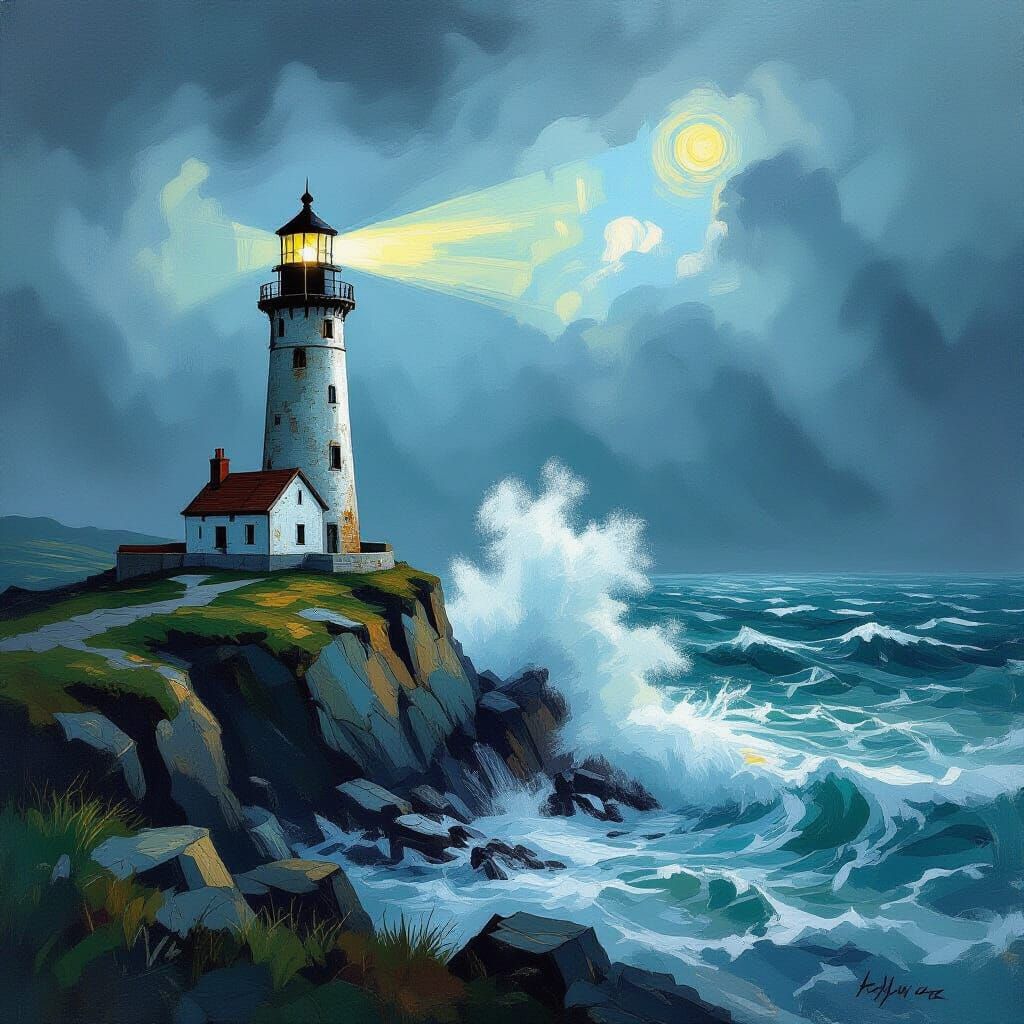 Weathered Lighthouse in Fog, Stormy Sea - Impasto Style