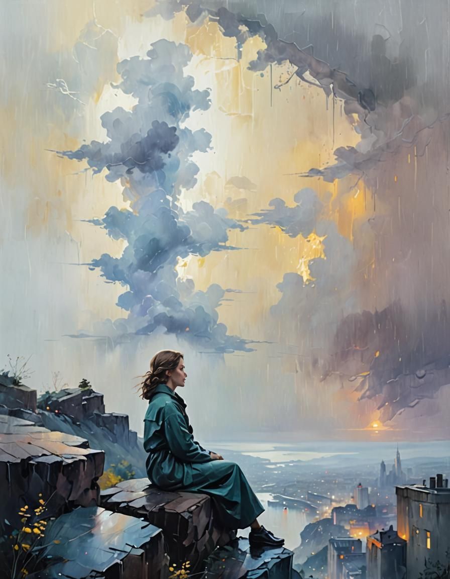 Lonely Woman on Cliff in Oil Painting Style