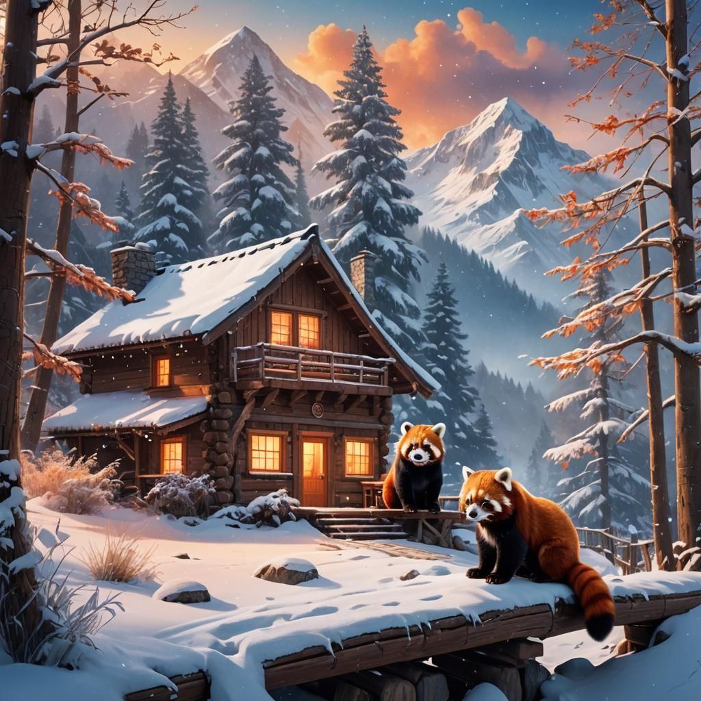 Red Pandas Relaxing by Snowy Mountain Cabin