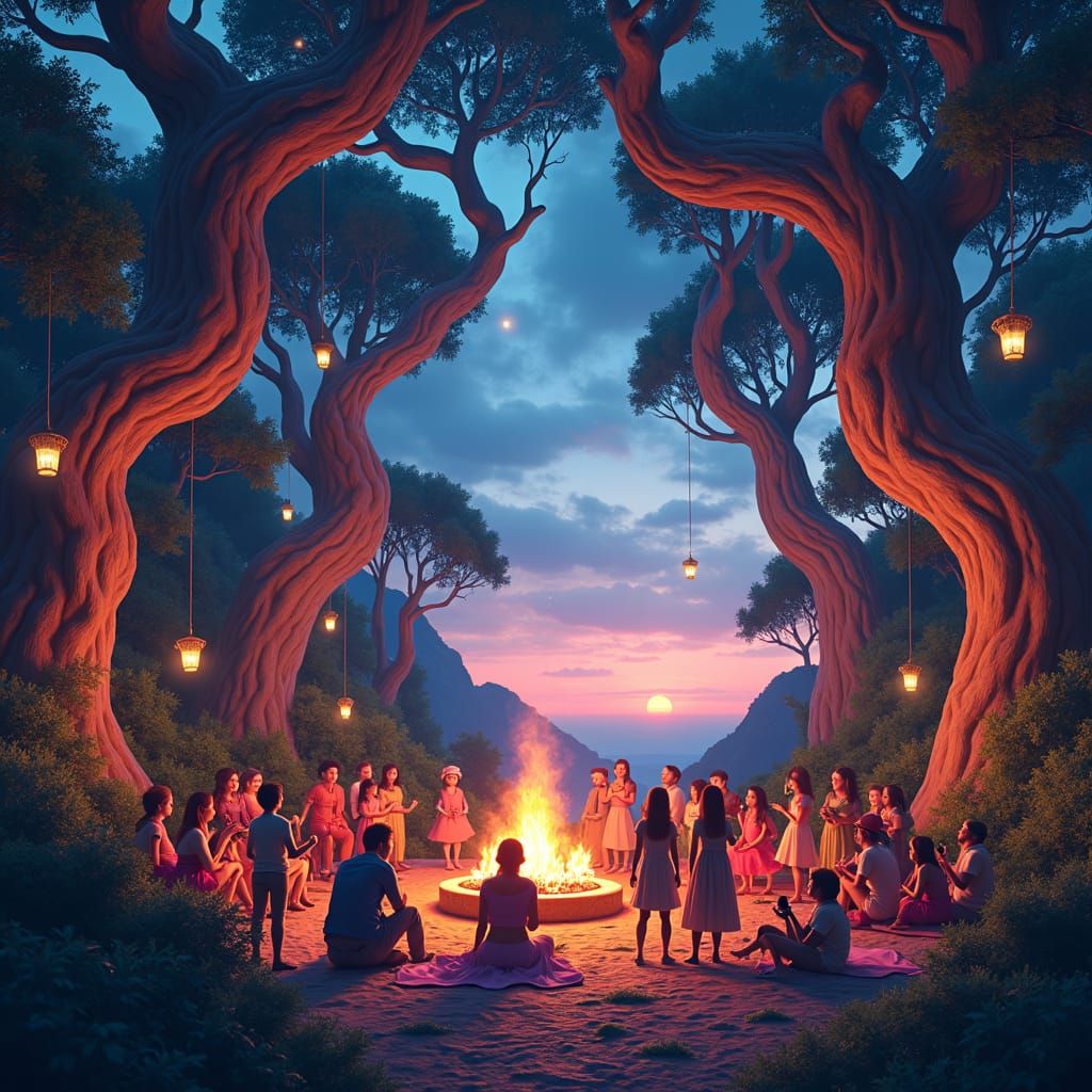Enchanted Forest BBQ Party at Twilight: Digital Matte Painti...