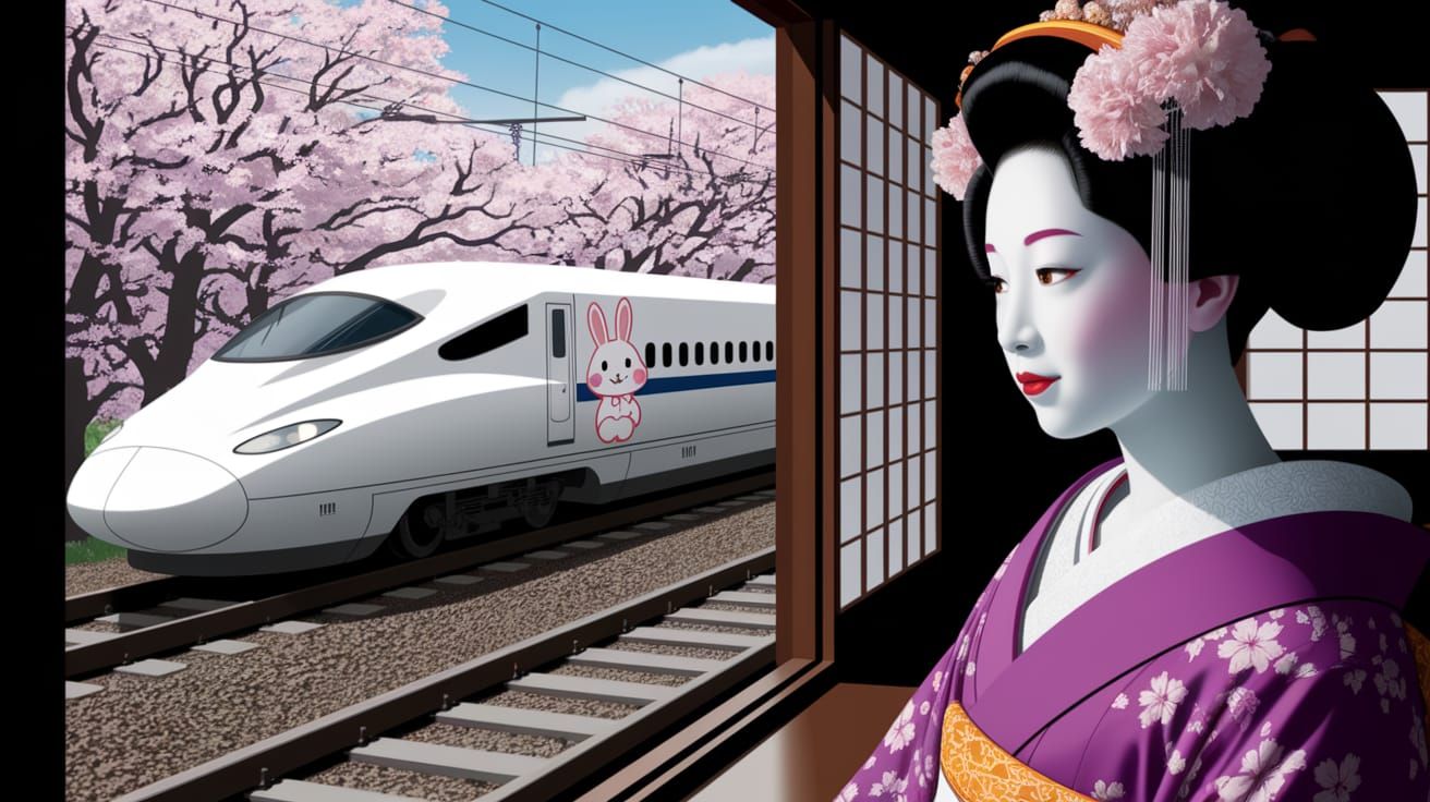 Geisha Contemplates Shinkansen Train in Cherry Blossom Lands...