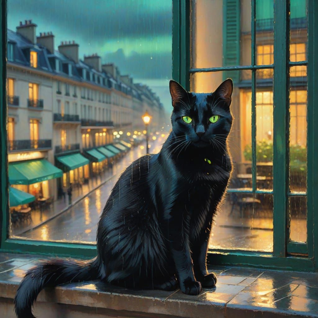 Black Cat on Parisian Windowsill at Dusk in Impressionist St...