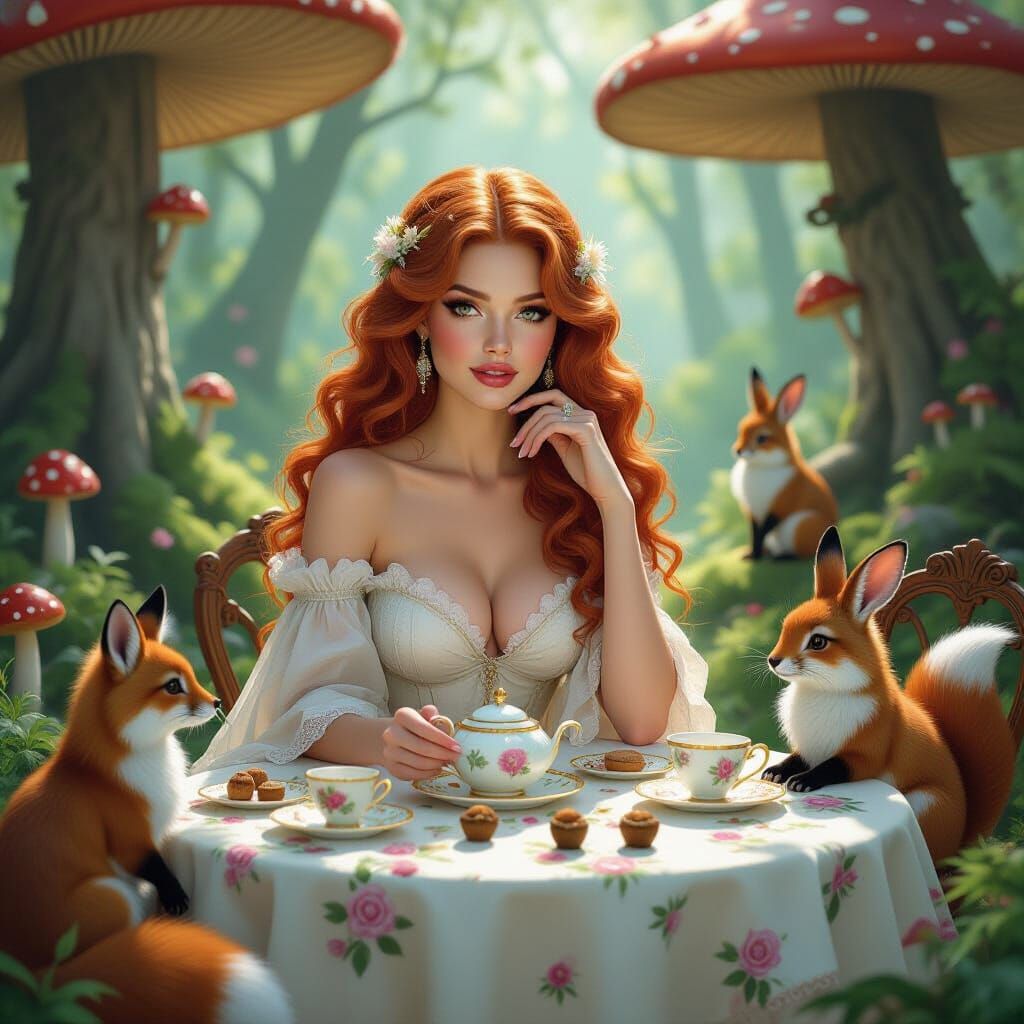 Redhead's Whimsical Tea Party in Mushroom Forest