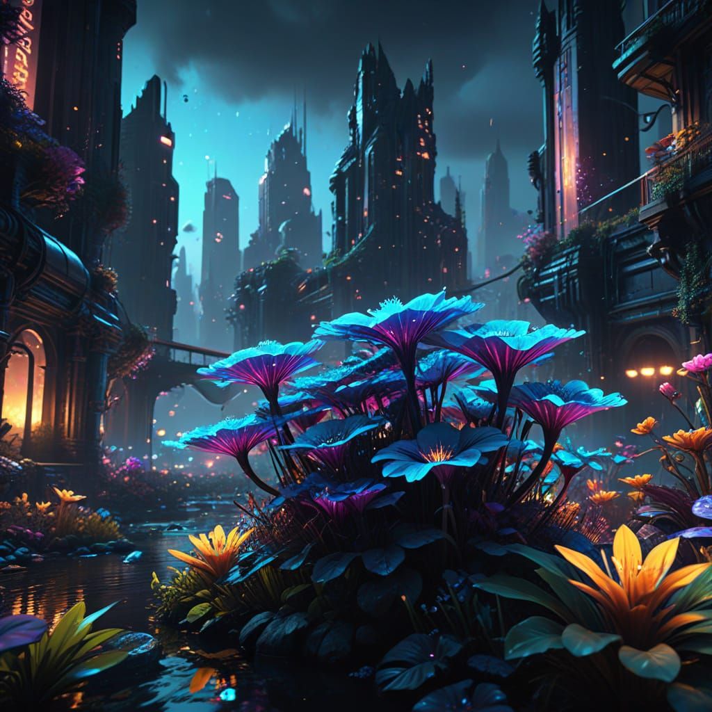 Futuristic Cityscape with Bioluminescent Flora in Deep Color