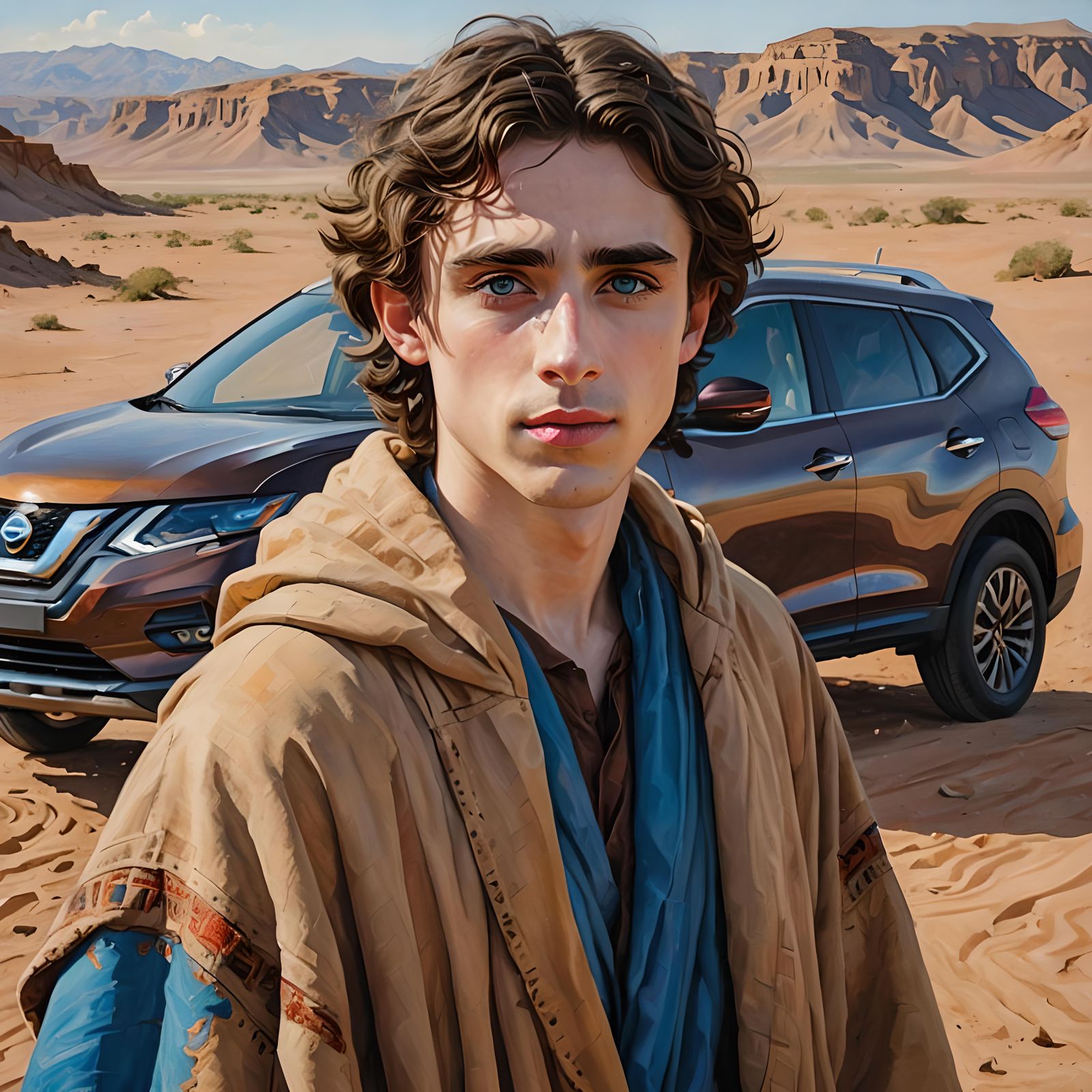 Oil Painting Portrait: Man and Nissan in Desert