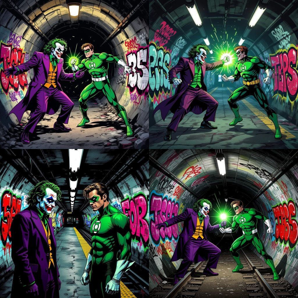 Joker vs Green Lantern in Tim Burton Graffiti Style