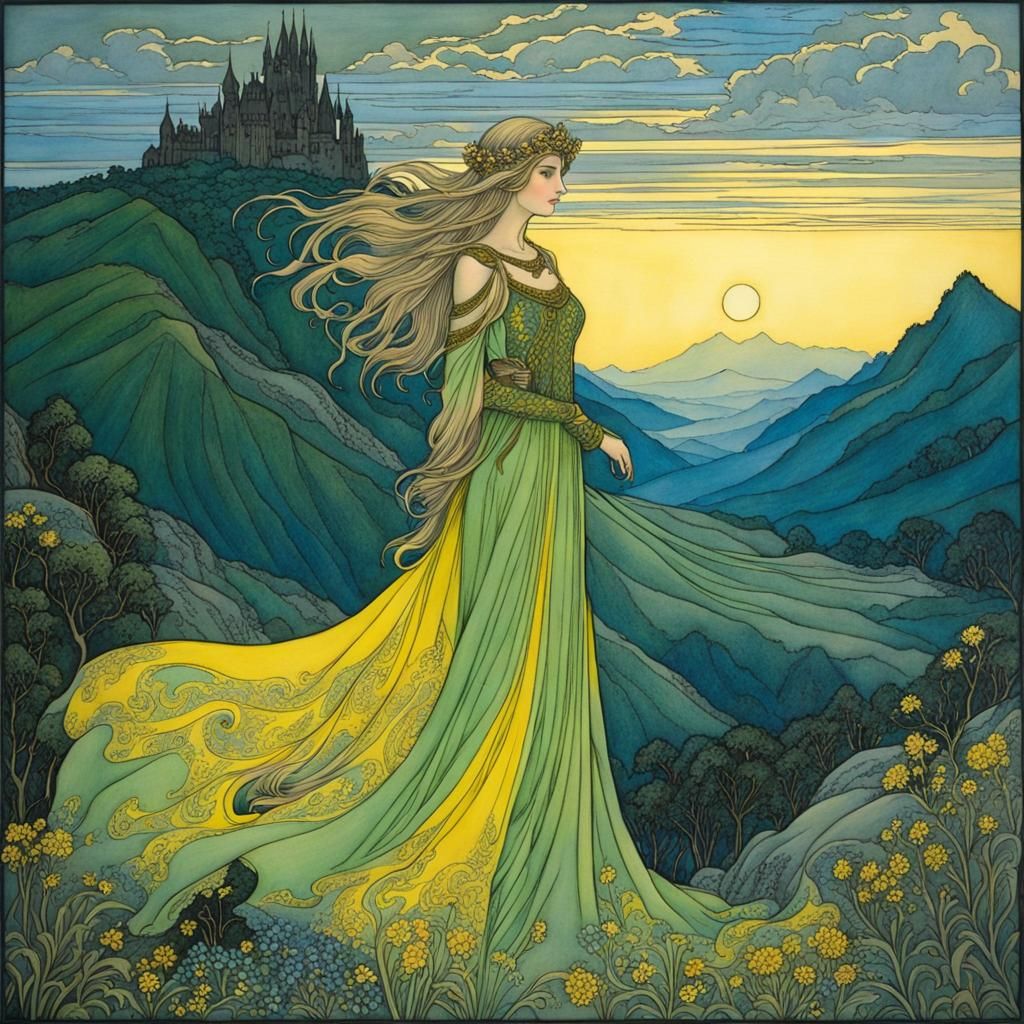 Medieval Maiden at Dawn in Arthur Rackham Style