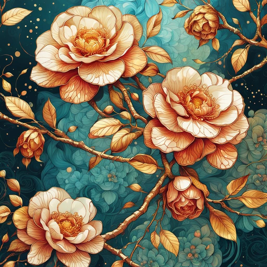 Camellia Flowers in Elaborate African Batik Style