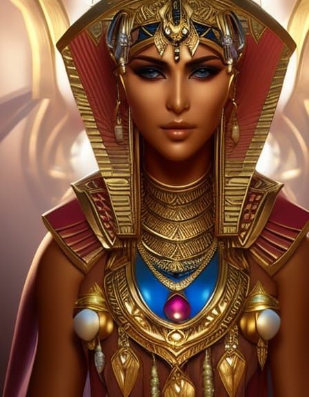 Egyptian pharaoh queen laden with gold jewellery detailed intricate realistic head and shoulders portrait, 8k resolution...