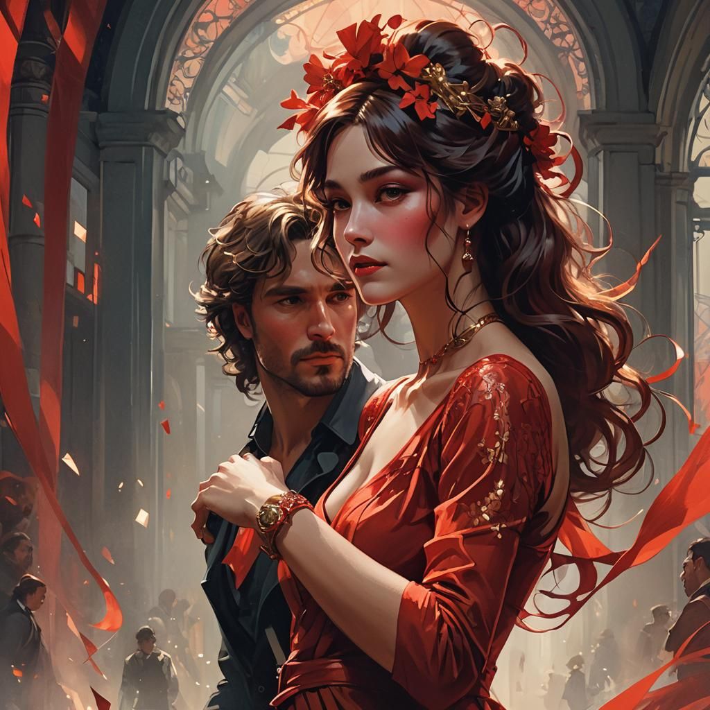 Lady in Red Portrait in Art Nouveau Style