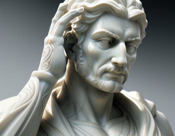 Ultra tight Close-up view of a man's hand carved in white statuary marble.  Intricate detail,  dramatic side light,  dof...