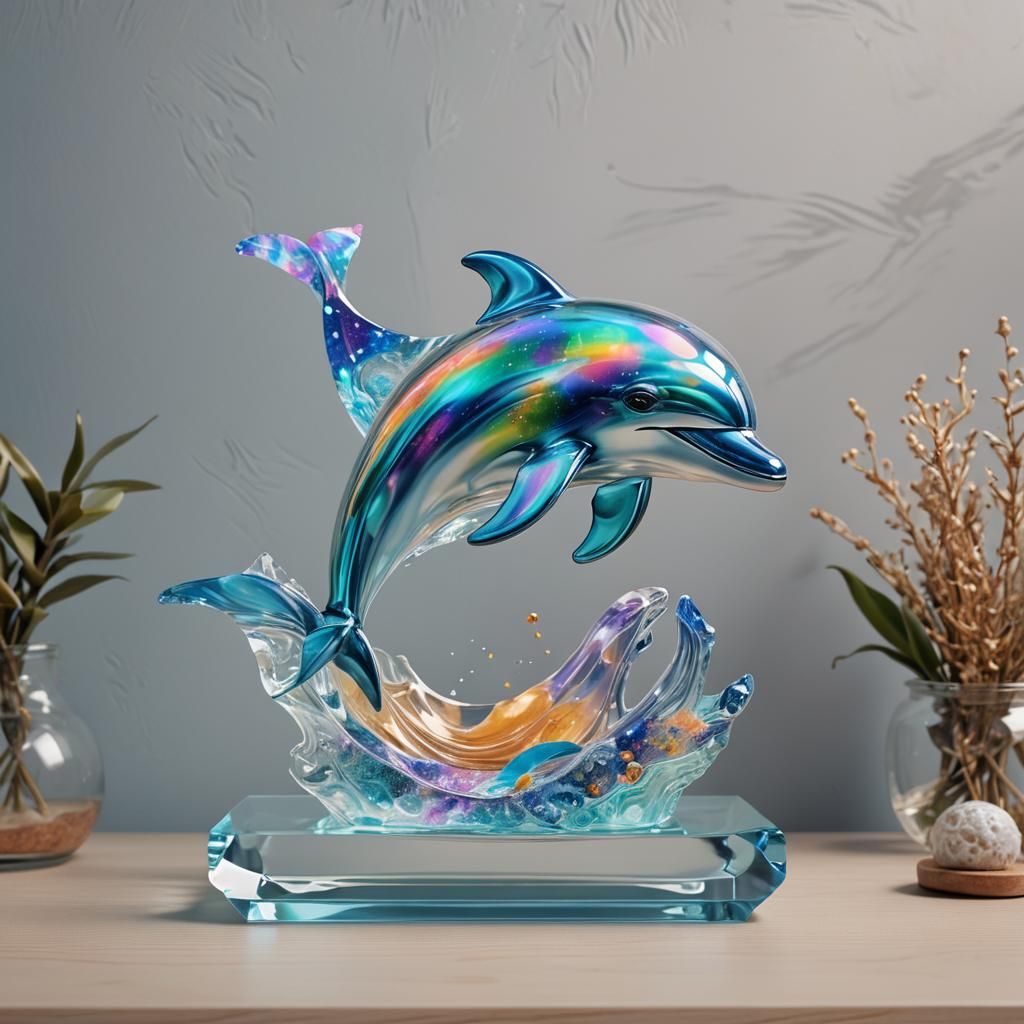 Glass Dolphin Figurine: Holographic Astral Illustration