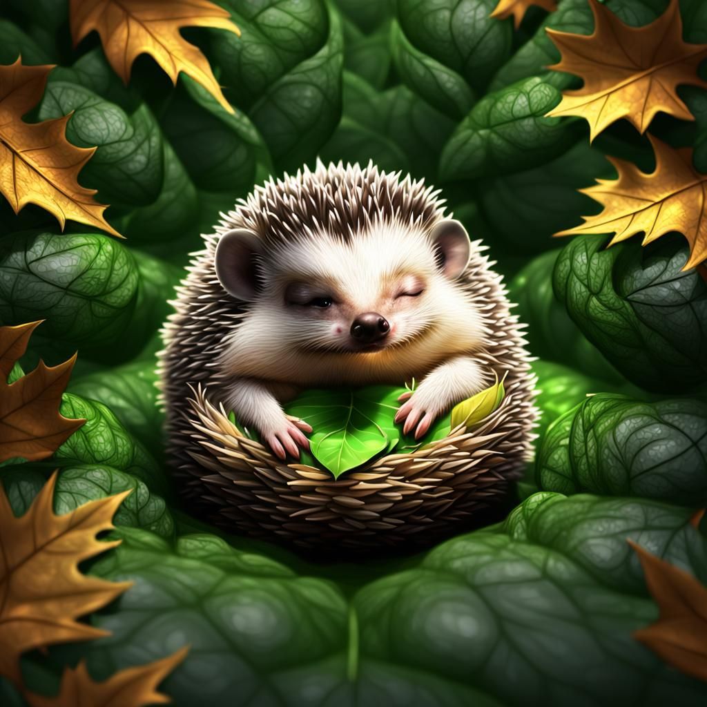 Chibi Hedgehog Sleeping in Forest Light
