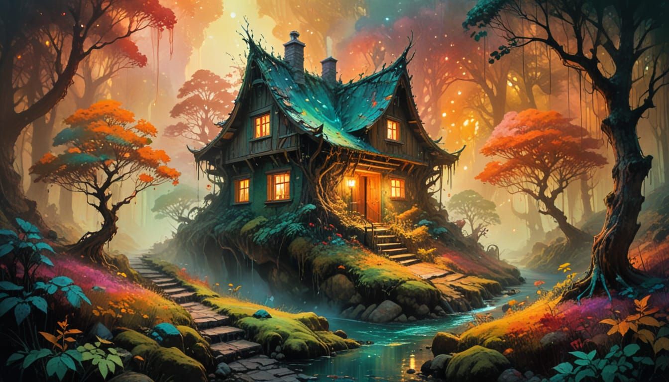 Dreamlike Forest Village in Vibrant Wet-on-Wet Watercolor St...