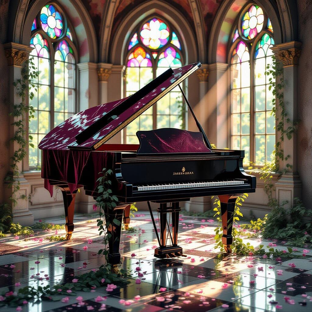 Sunlit Piano Ruin in Painterly Style