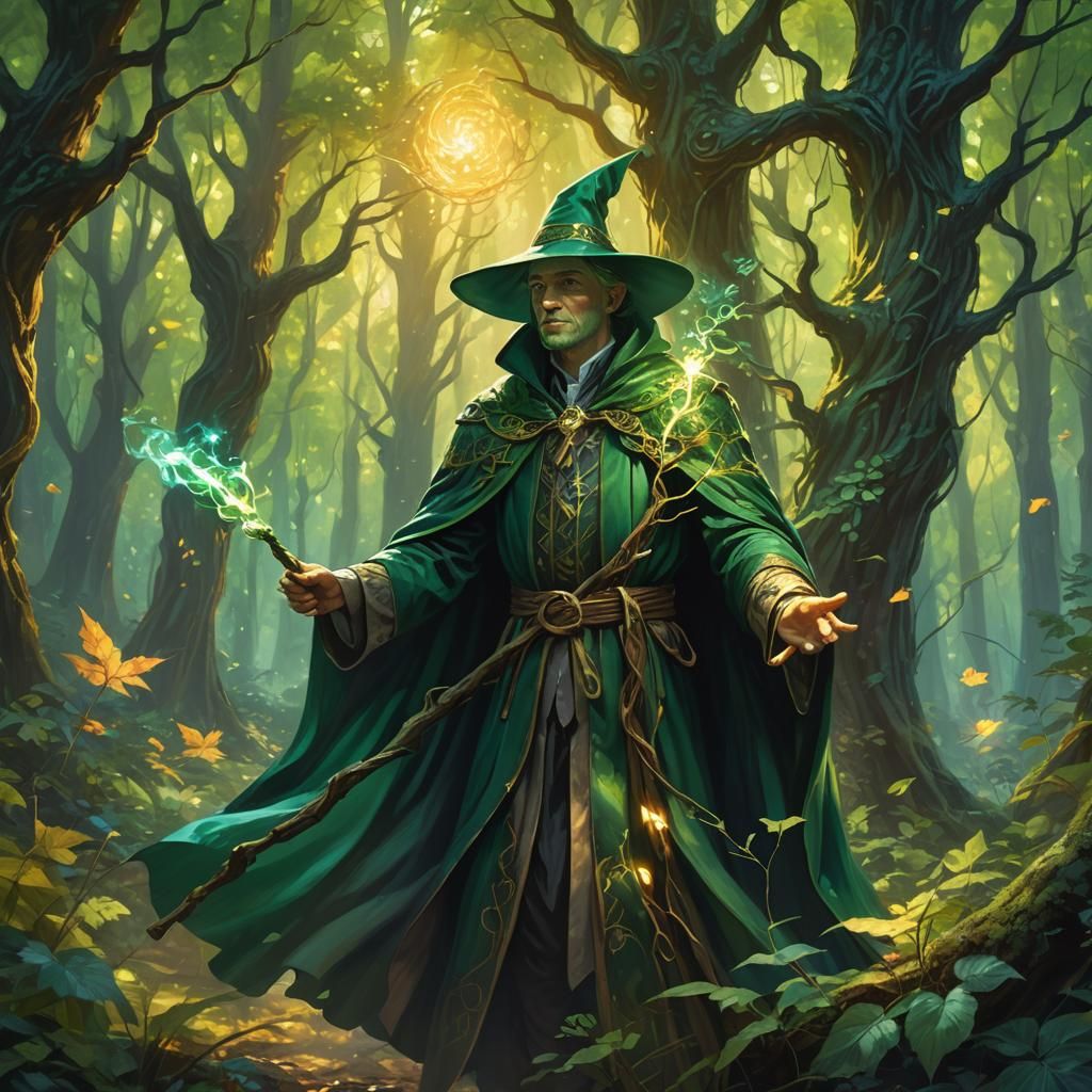 Green Magician with Glowing Staff in Forest Oil Painting