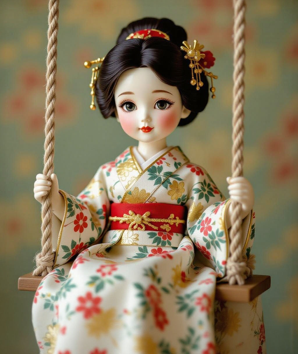 Kintsugi Ceramic Doll on a Swing